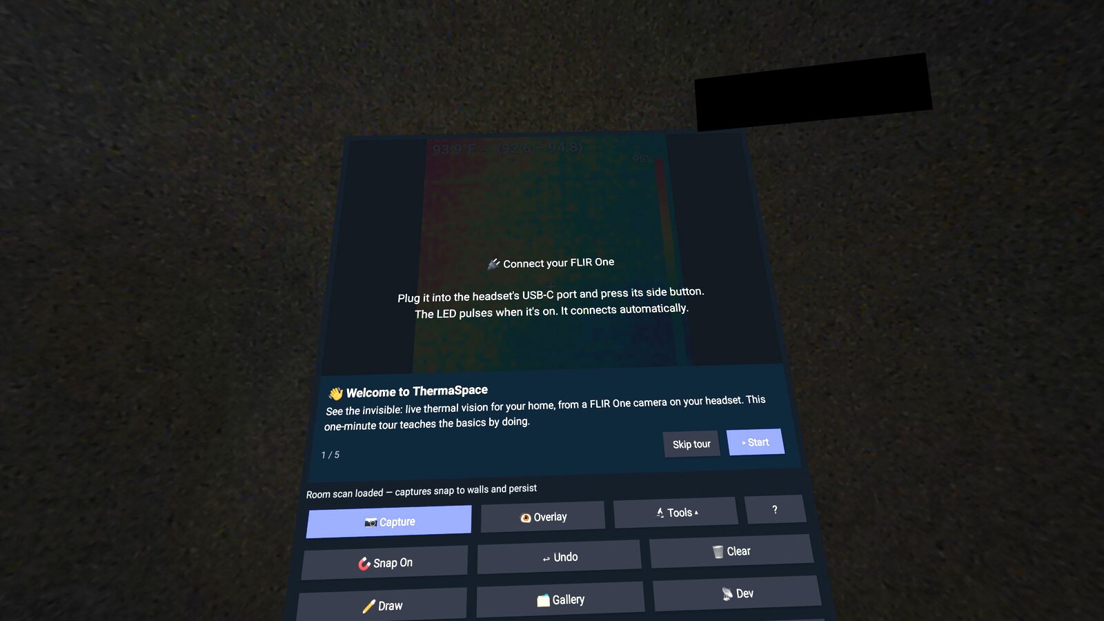 ThermaSpace welcome tour panel in the headset prompting to connect a FLIR One camera